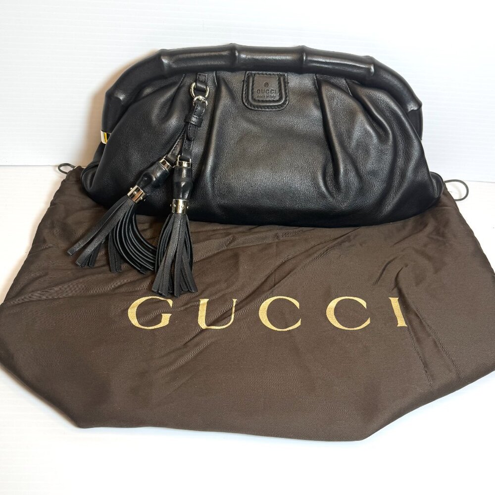 Gucci Calfskin Bamboo Frame Top Tassel Clutch Black With Dust Bag
